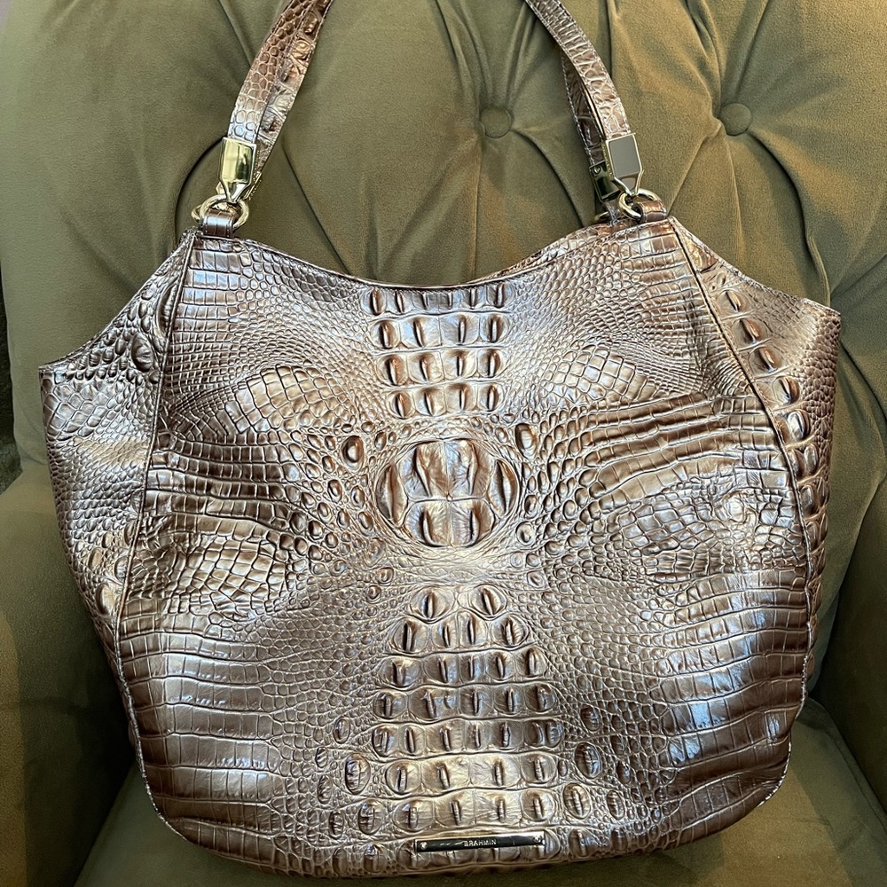 Brahmin Thelma Tote in pewter Melbourne. Small coffee stain inside lining
